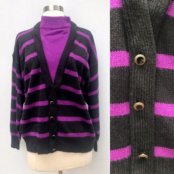 Vintage Sweaters Vintage 8s Purple Black Striped Turtleneck